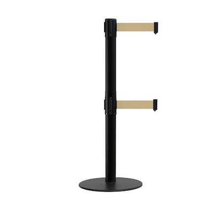 Montour Line Stanchion Dual Belt Barrier Flat Base Black Post 11ft.Lt BrownBelt S400D-BK-LBN-110